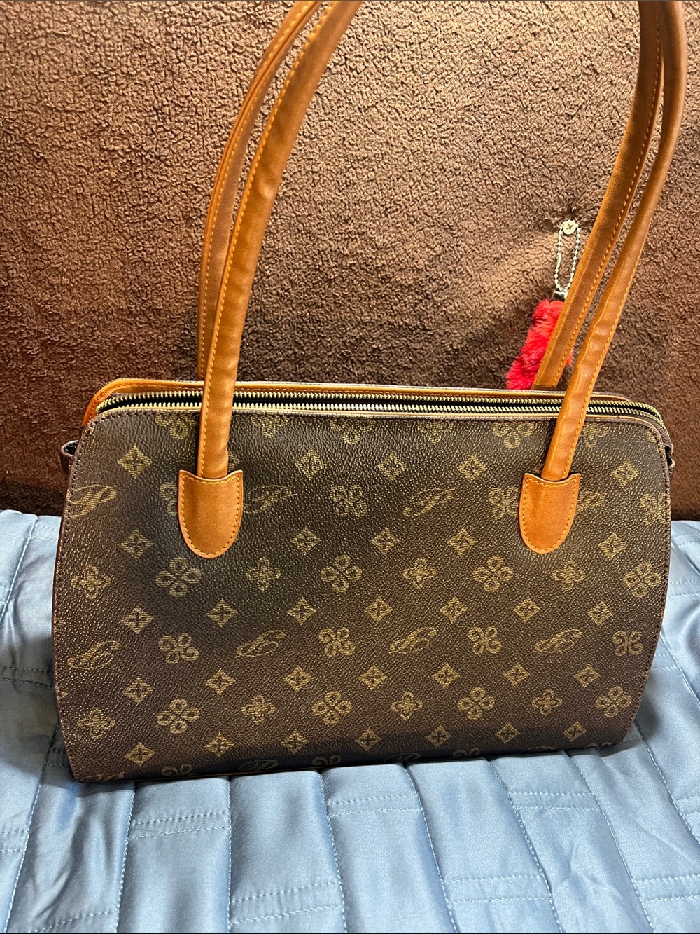 Phillip Plein Patterned Brown Shoulder Bag with Tan Handles